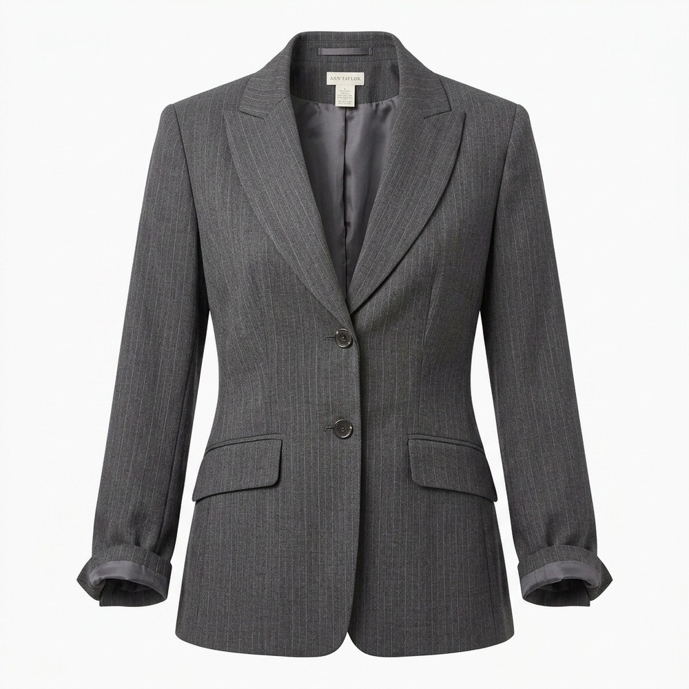 Ann Taylor Womens 6 Gray Pinstripe 100% Wool 2-Button Blazer Jacket Business